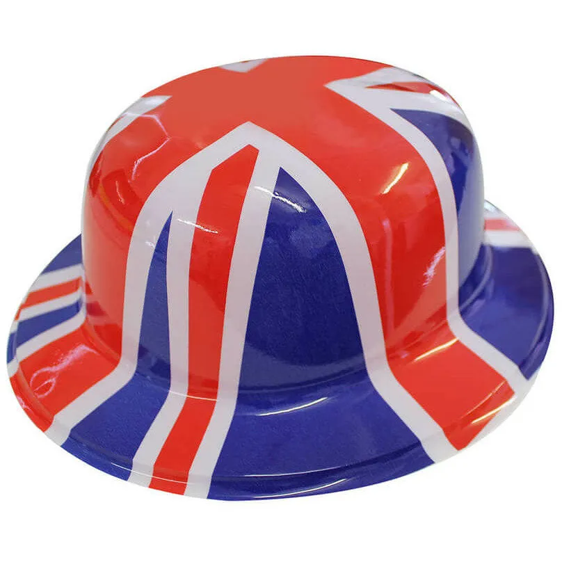 Adults Union Jack Plastic Bowler Hat Single - British Flag Party Costume Headwear Patriotic Fancy Dress