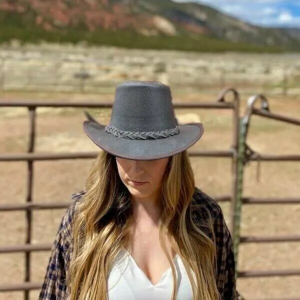 Australian Western Style Leather Cowboy Bush Hats Mens Brown Distressed Hat