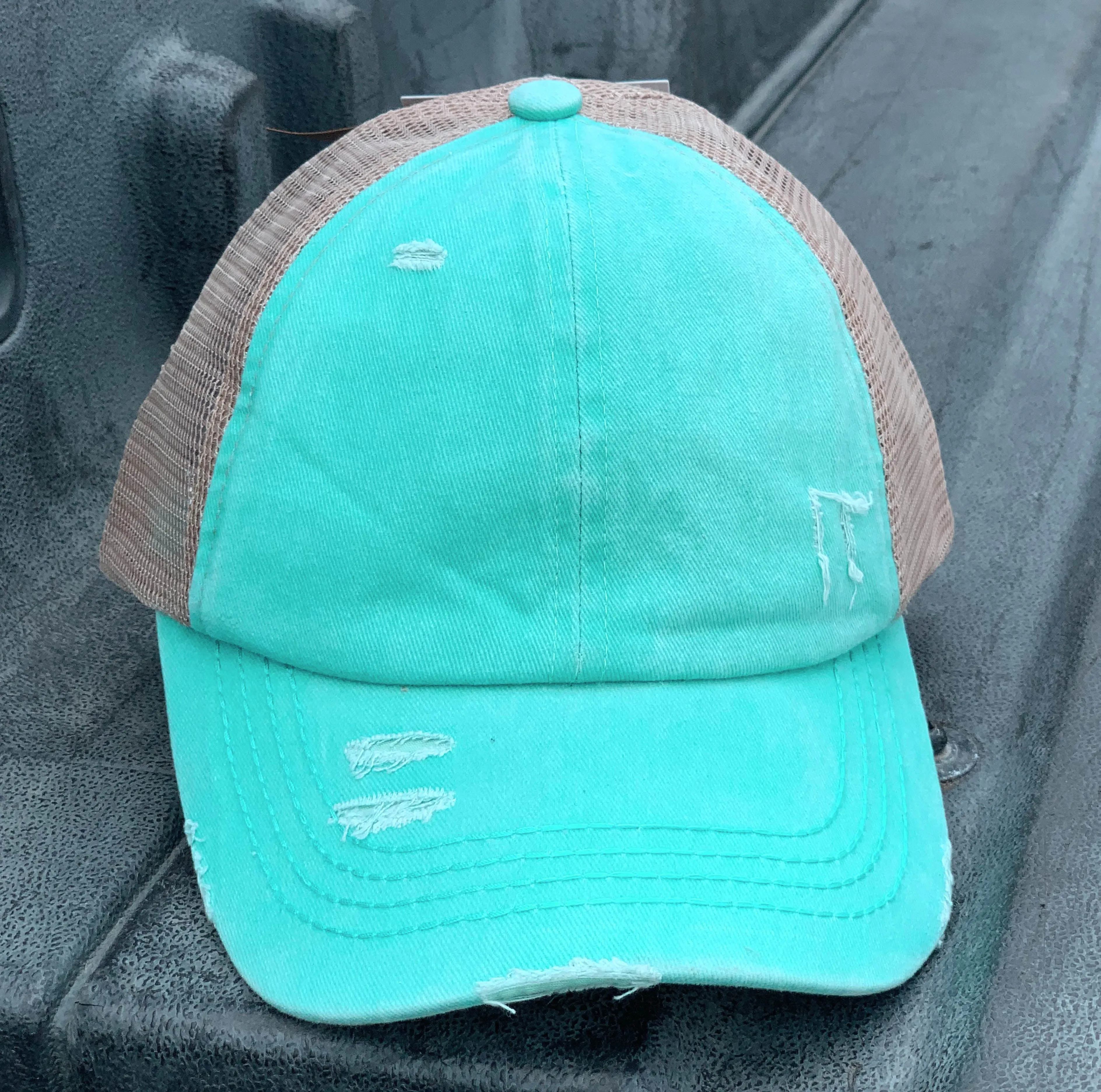 Authentic Mint CC Beanie CrissCross High Ponytail Trucker Hat Distressed Wash Denim