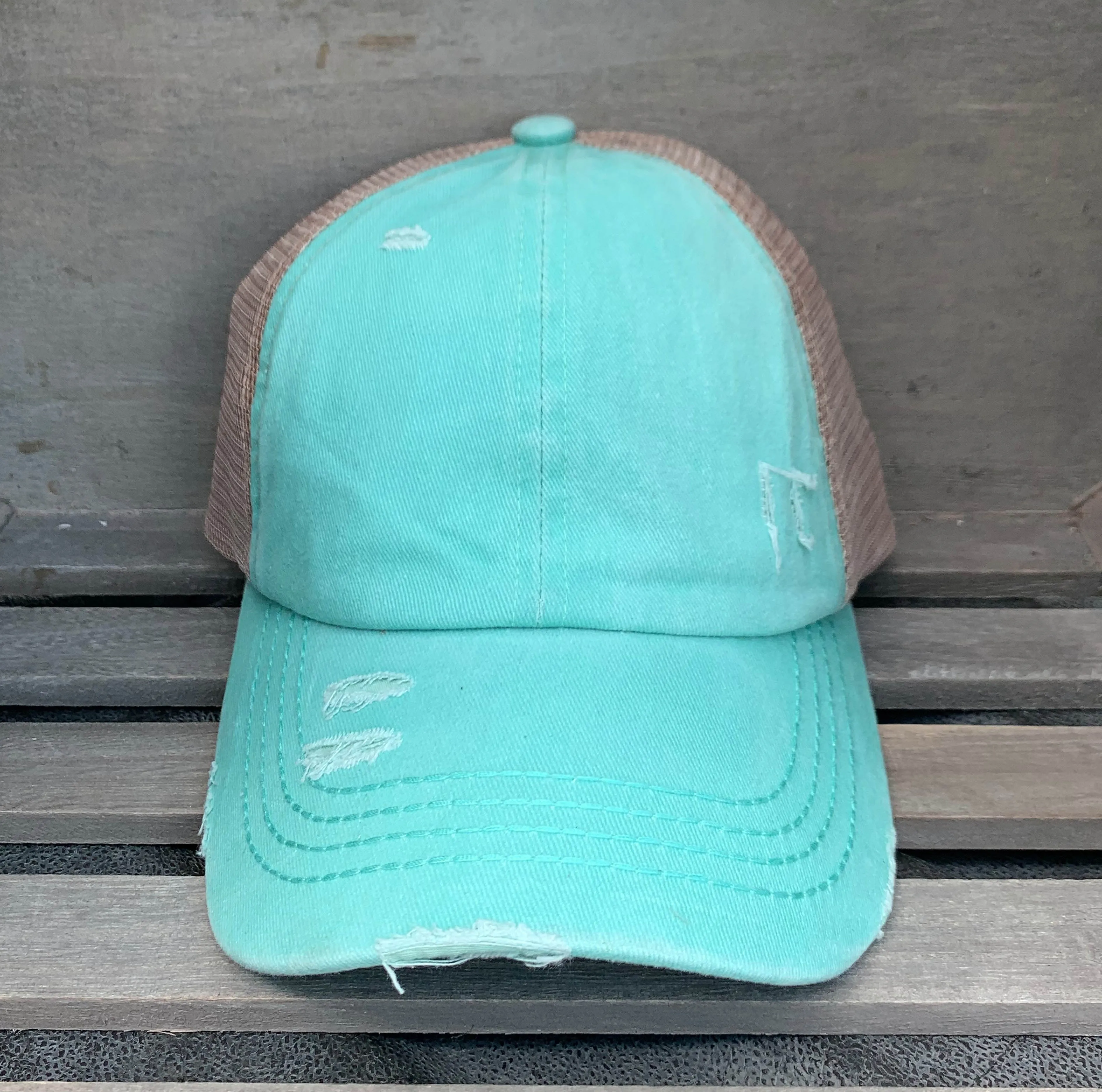 Authentic Mint CC Beanie CrissCross High Ponytail Trucker Hat Distressed Wash Denim