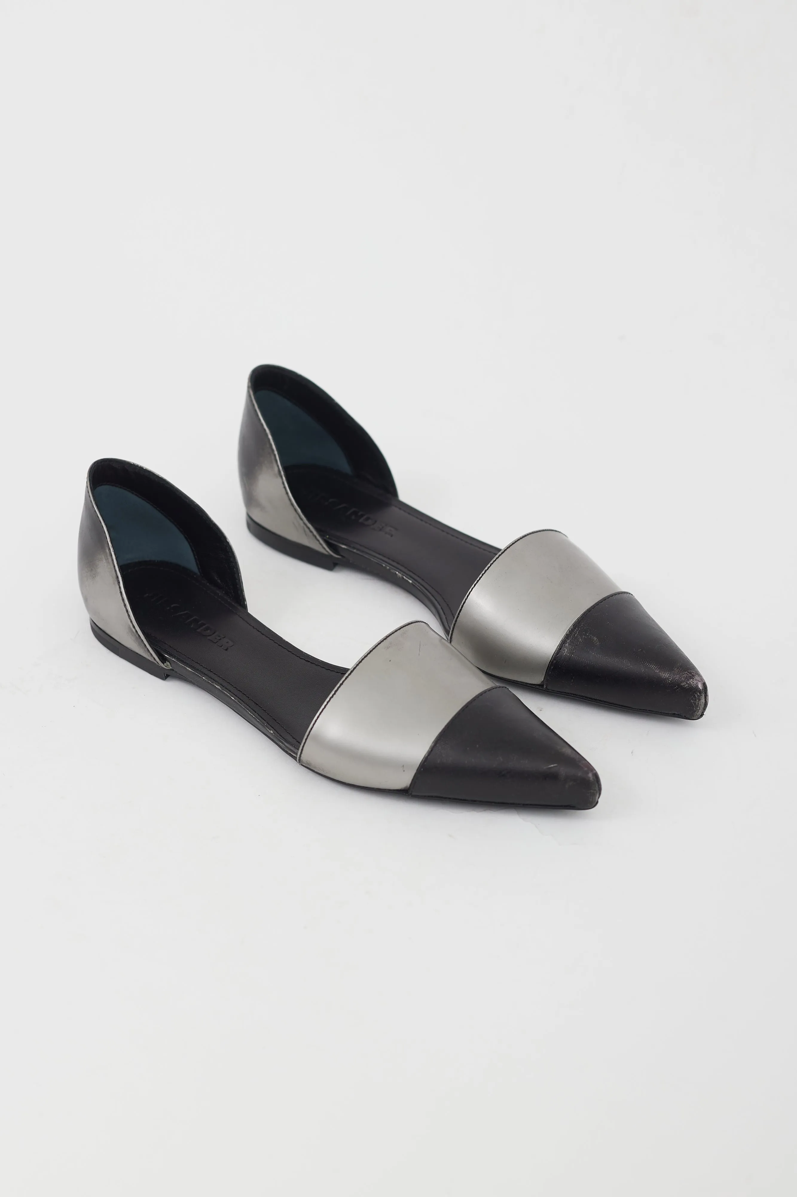 Black and Silver Leather D'Orsay Flat