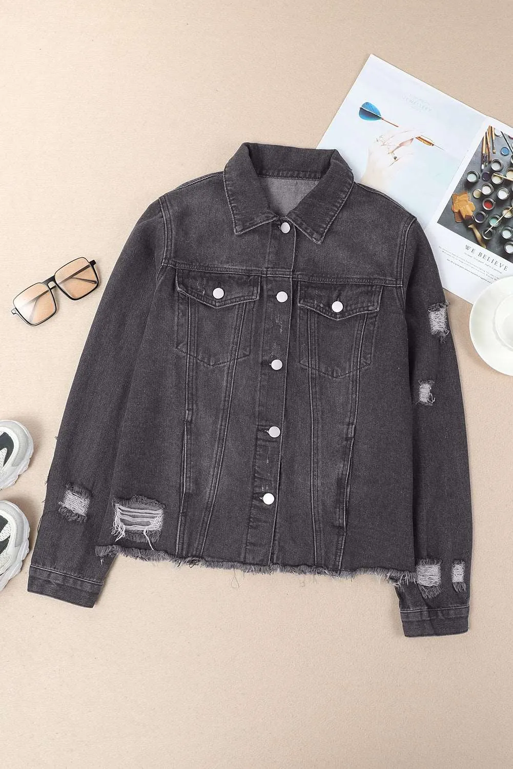 Black Casual Distressed Raw Hem Buttons Denim Jacket
