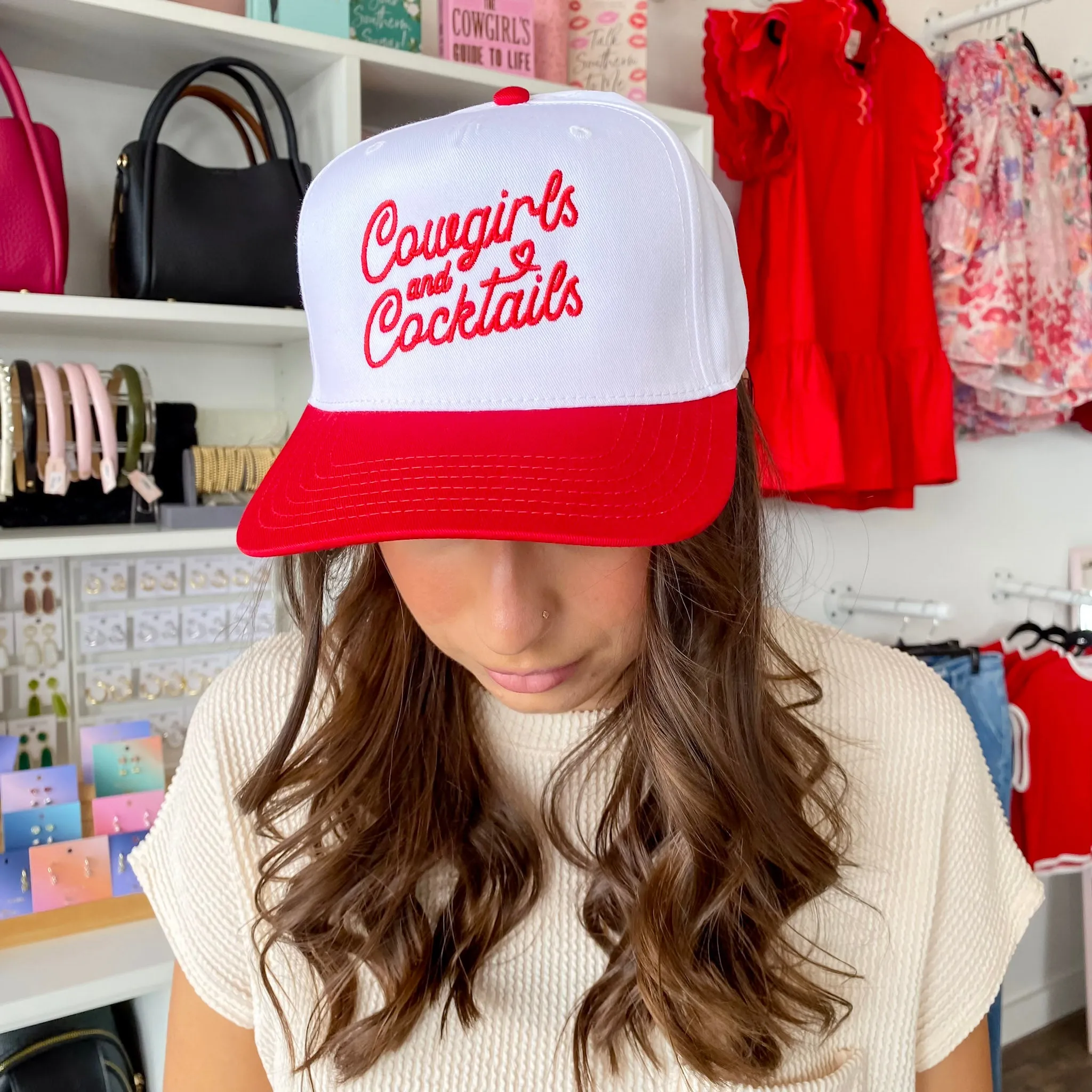 Cowgirls and Cocktails Two-Toned Red and White Vintage Baseball Hat