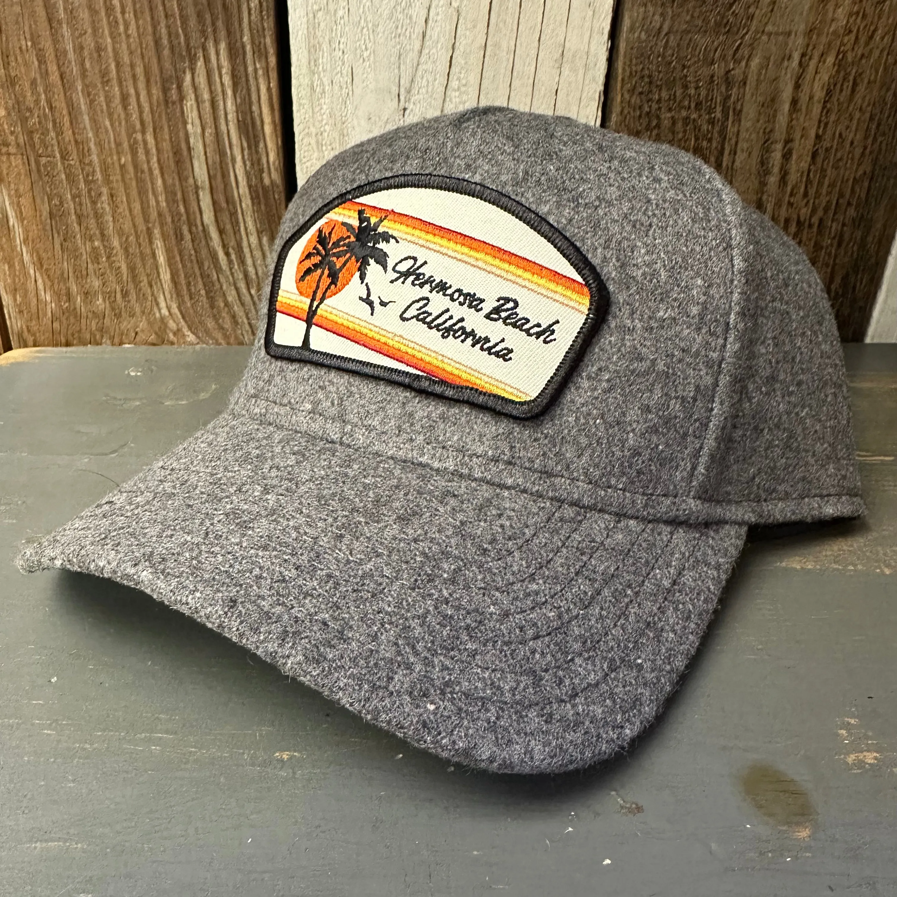 Hermosa Beach RETRO SUNSET 5 Panel Low Profile Melton Wool Blend Baseball Cap with Velcro Closure - Heather Grey