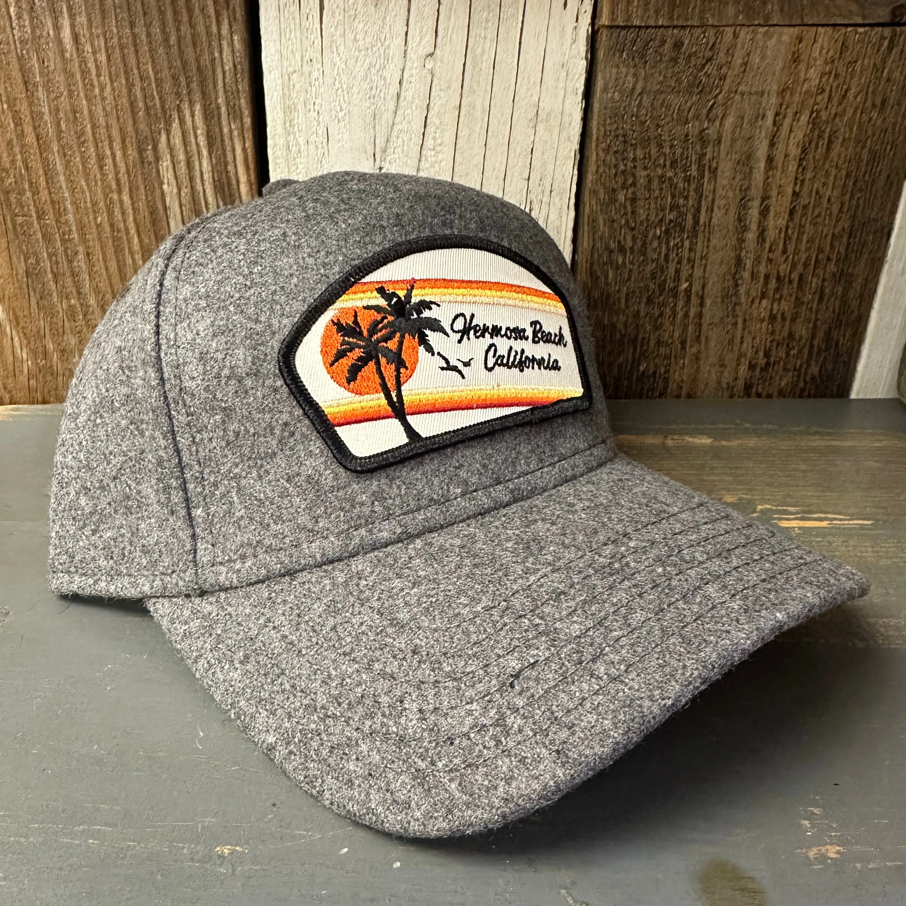Hermosa Beach RETRO SUNSET 5 Panel Low Profile Melton Wool Blend Baseball Cap with Velcro Closure - Heather Grey