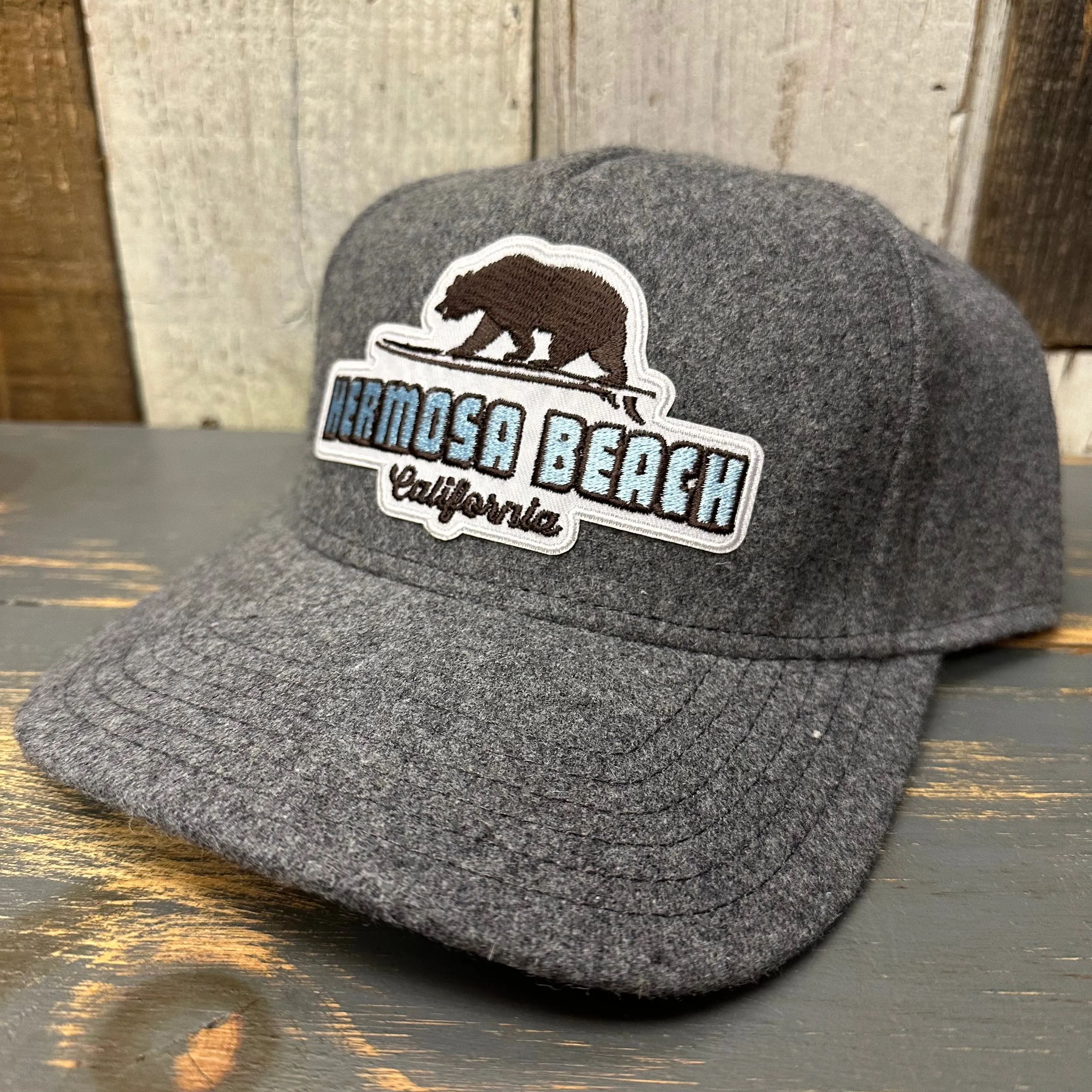 Hermosa Beach SURFING GRIZZLY BEAR Melton Wool Blend Baseball Cap - Heather Grey
