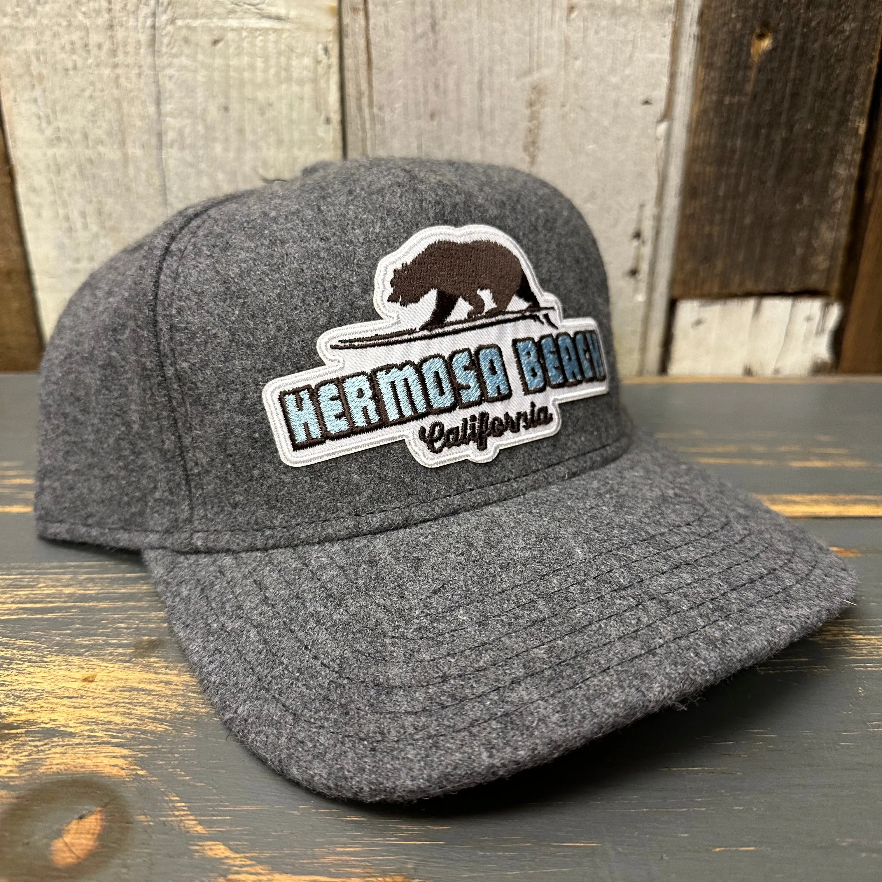 Hermosa Beach SURFING GRIZZLY BEAR Melton Wool Blend Baseball Cap - Heather Grey