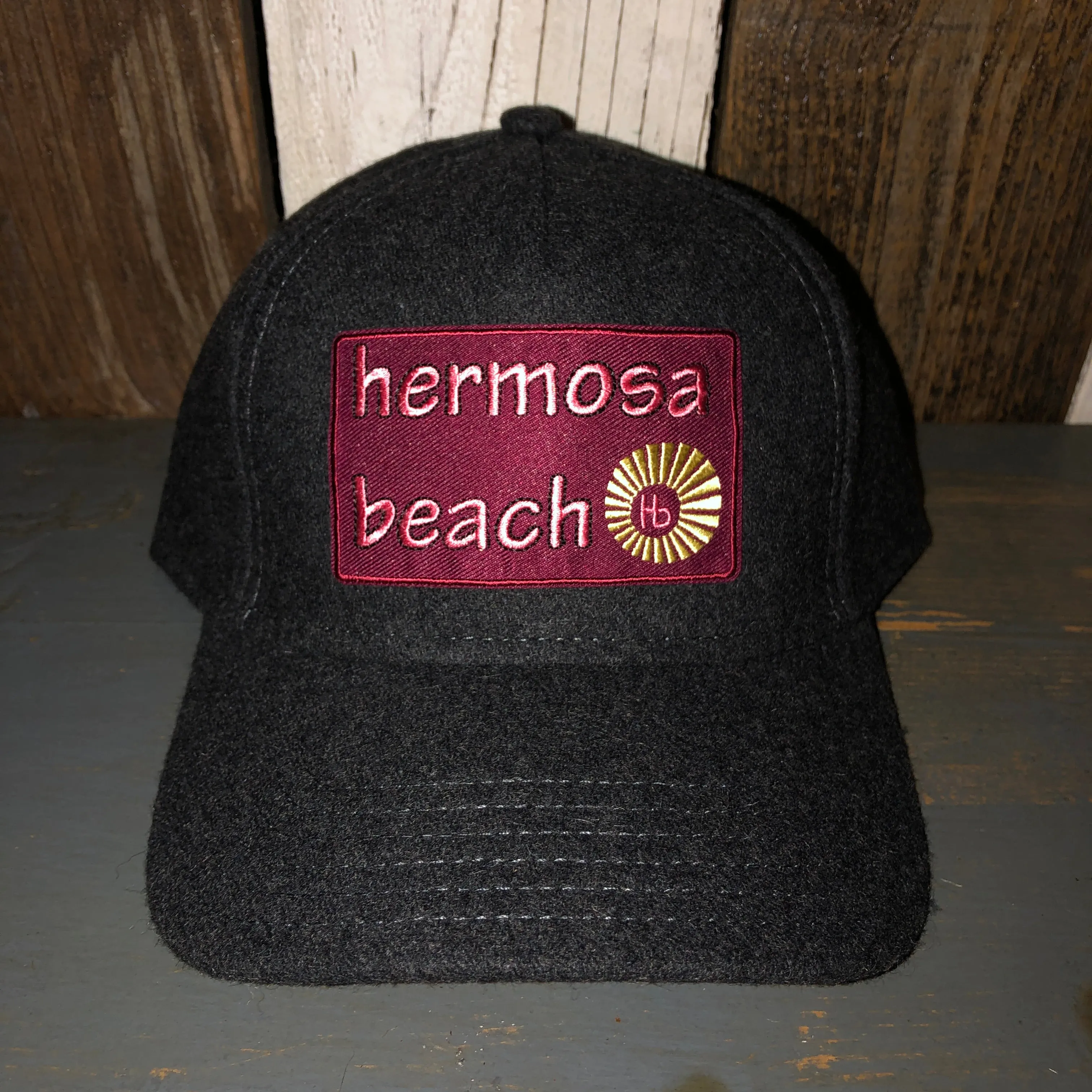 Hermosa Beach WELCOME SIGN 5 Panel Low Profile Melton Wool Blend Baseball Cap with Velcro Closure - Heather Black