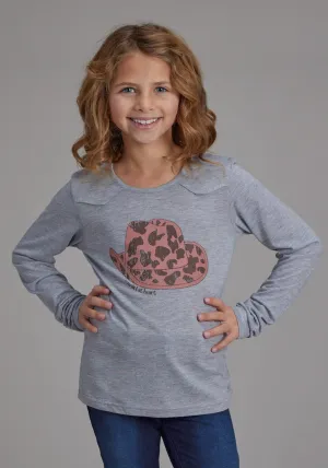 Roper Kids Girls Cowboy Hat Heart Grey Poly/Rayon L/S T-Shirt